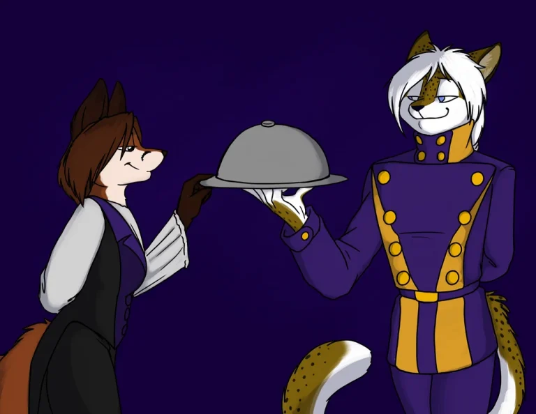 Fox recieving dinner from minion Aramis. — Art by Foxena