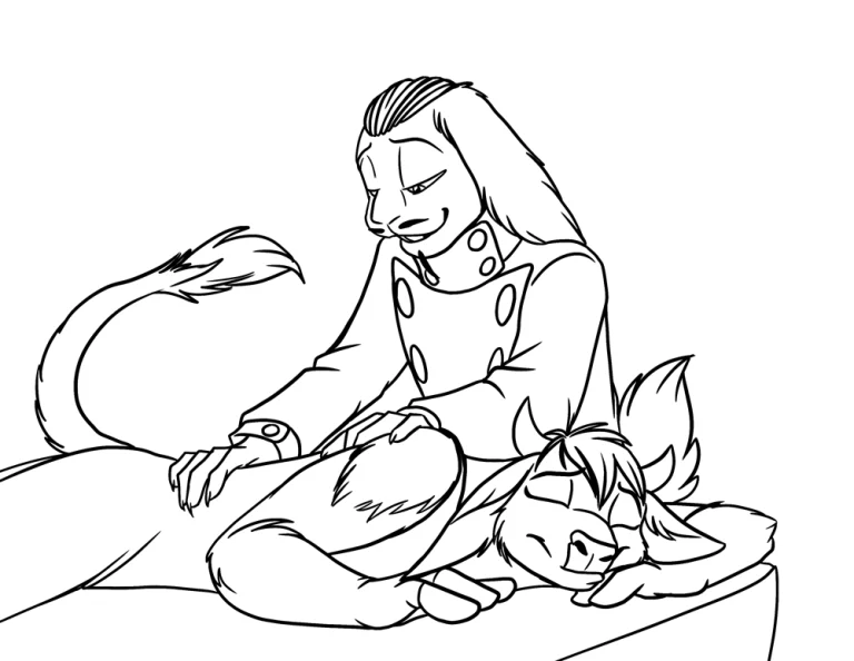 Fenriria's golem Xander gives her a back rub. — Art by Foxena