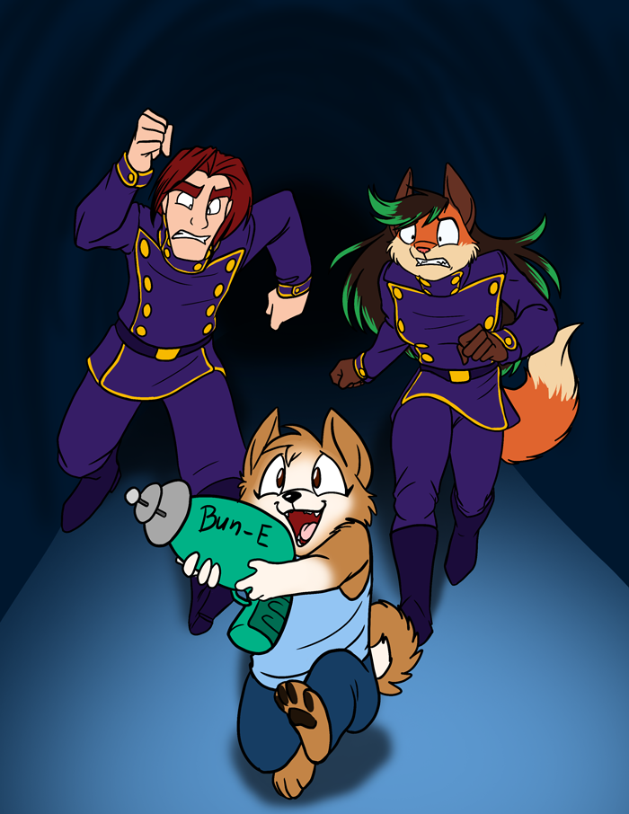 A tike escaping with the Bun-E Ray. — Art by Foxena