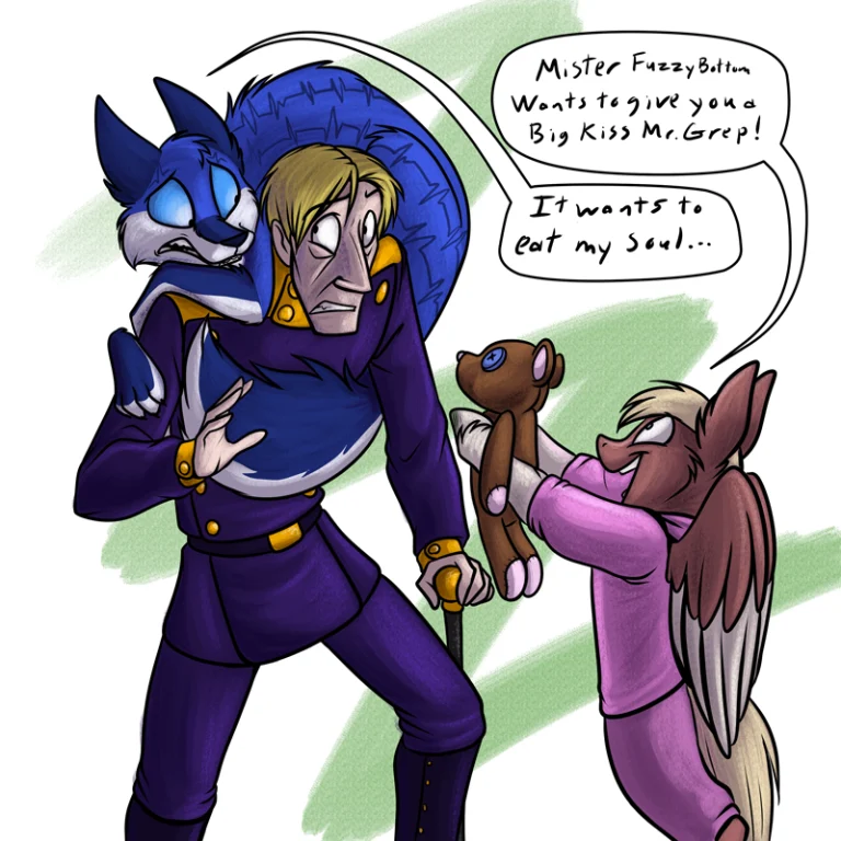 Rain introduces her doll to a dire OC. — Art by Foxena