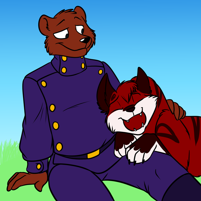 Minion Angus plays fetch with Bane. — Art by Foxena