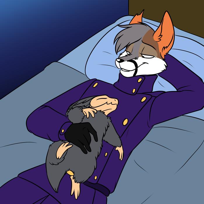 Cuddling with a chirr after a long day. — Art by Foxena