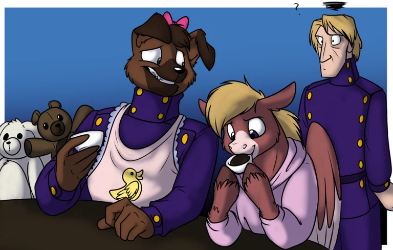 Minion Pete roped into attending Rain's tea party. — Art by Foxena