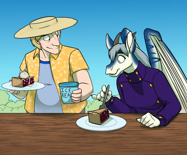 Cobalt sharing pie with Freya. — Art by Foxena