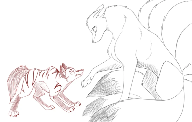 A tense meeting between Bane and a kitsune. — Art by Foxena
