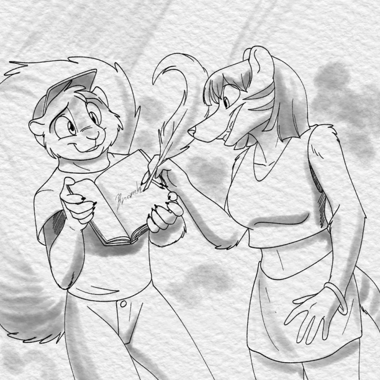 Inktober 2021 - Brambi gives a signature to a fan. — Art by Foxena