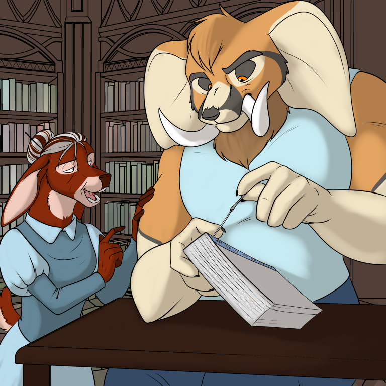 Kapral assisting Idra with book repairs. — Art by Foxena