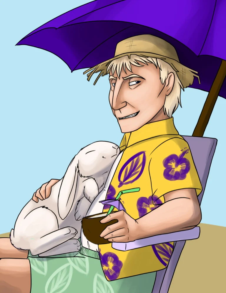 Cobalt relaxing at his cabanna by the shore. — Art by Foxena