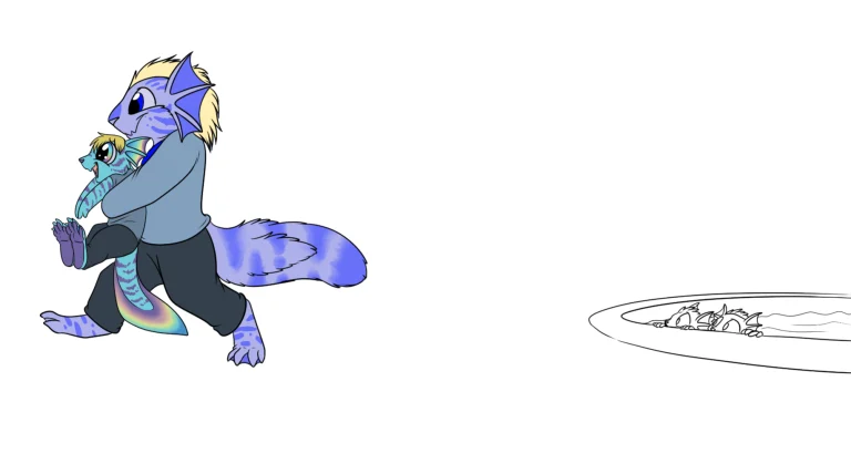 Young Dexter helping his brother Ian out of the pool. — Art by Foxena