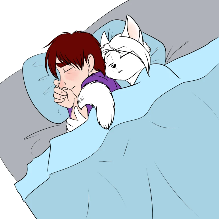 Silver and Artermis snuggling on a cold winter's day. — Art by Foxena
