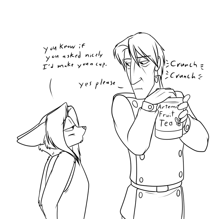 Darius couldn't wait for Artemis to make tea for him. — Art by Foxena