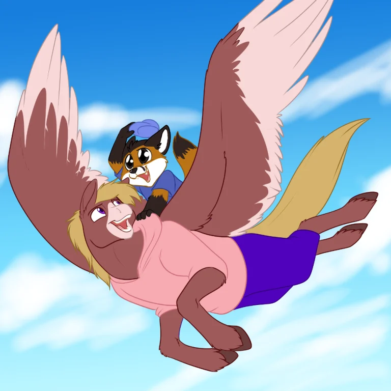 Rain giving a young one a ride. — Art by Foxena