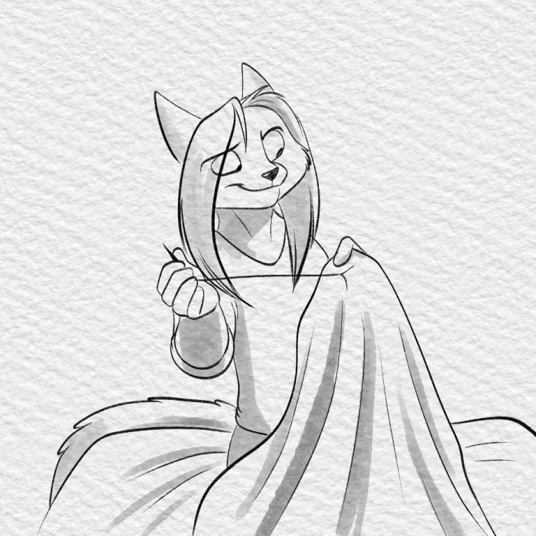 Inktober 2021 - Artemis patching a blanket. — Art by Foxena